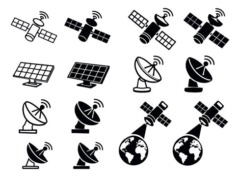 Line art and silhouette technology icons set featuring satellites, solar panels, and parabolic antennas for global communication and renewable energy