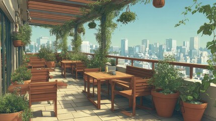 Obraz premium Serene Rooftop Terrace Cafe with Cityscape Views, Lush Greenery, and Outdoor Seating
