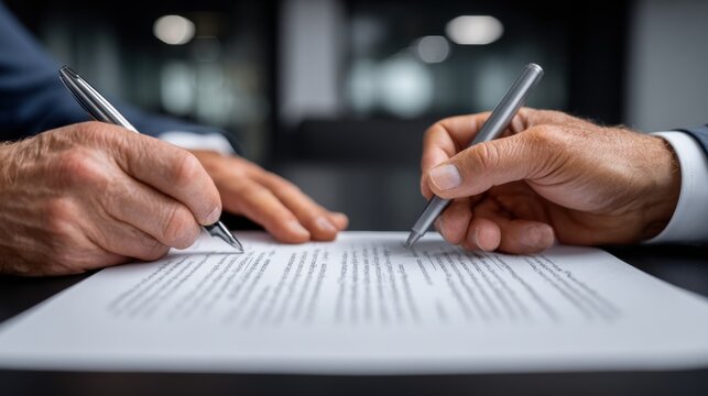 Two business professionals signing a contract agreement with pens, finalizing a deal in an office setting