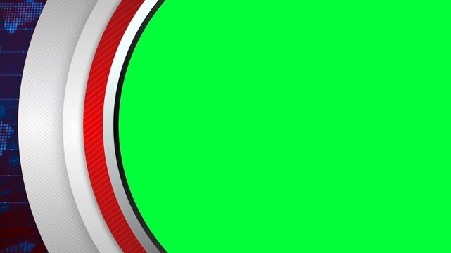 Abstract Digital World Map Background with Rotating Circular White and Red Frames, Global Network Intro, and Green Screen Placeholder for News or Corporate Slideshow