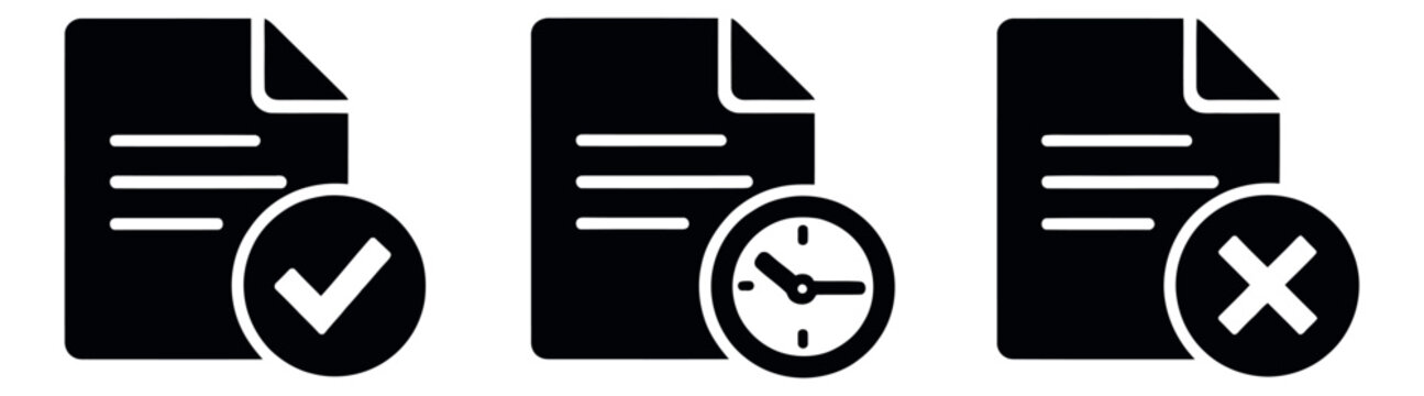 Flat document icon set featuring checkmark, clock, and cross symbols for status management