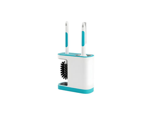 White and blue toothbrush holder with black bristles and two toothbrushes transparent background