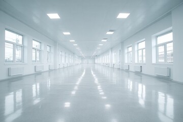 Fototapeta premium Bright, Modern, Empty Hallway with Reflective Floor and Numerous Windows