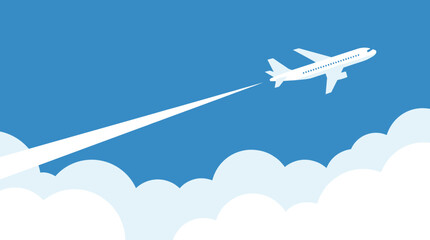 Naklejka premium White airplane flying high in blue sky above soft fluffy clouds leaving white trail behind during daylight