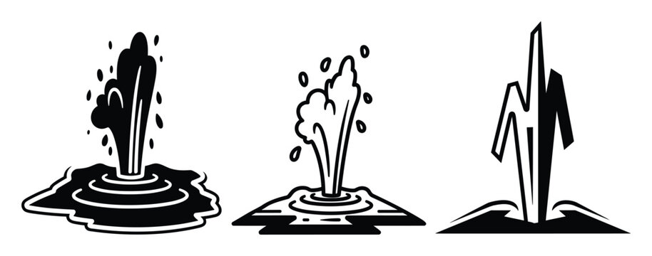 Water geyser icons set illustrating liquid spurts from ground with splash effects in black silhouette style
