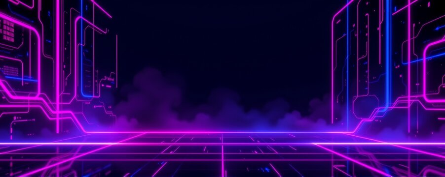 Futuristic neon purple and blue gradient background with glowing lines, cyber tech atmosphere, strong light contrast and soft shadows, copy space center, perfect for startup or SaaS website banner