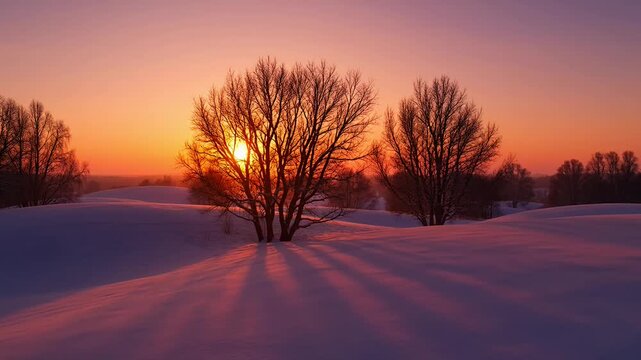 Spectacular winter sunset landscape with snow covered fields and bare trees