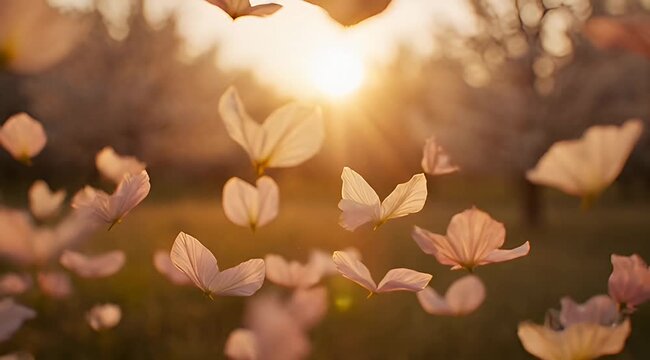 Romantic scene of falling flower petals backlit by a warm glowing sun