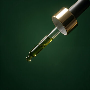 Diagonal composition of a dropper releasing deep olive green serum, moody dark green backdrop, soft glow highlights, luxury skincare campaign look, high resolution