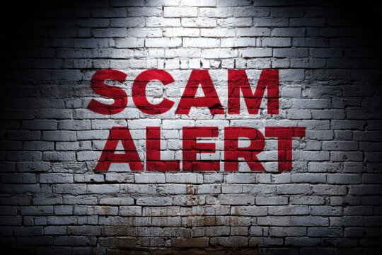 Red SCAM ALERT text spray painted on a distressed brick wall with dramatic lighting