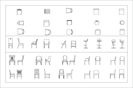 Chairs projection CAD drawing with front and side elevation views for furniture technical planning and product presentation. Clean CAD-style vector illustration isolated on white background. EPS 10.