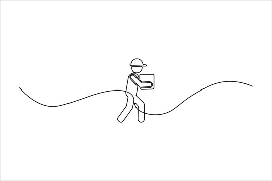 Minimalist continuous single line drawing of a worker in a hard hat carrying a box on a wavy line. Abstract logistics and labor concept.