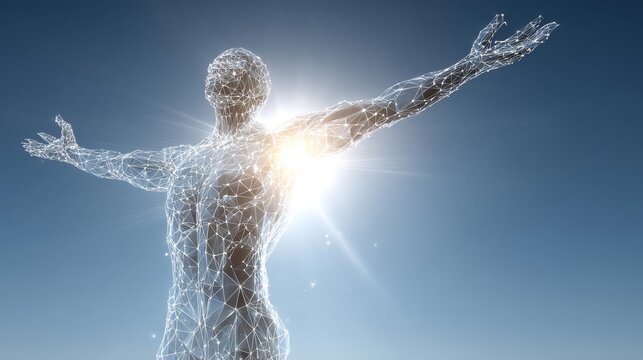 Abstract human figure made of glowing digital connections reaching upwards towards bright light