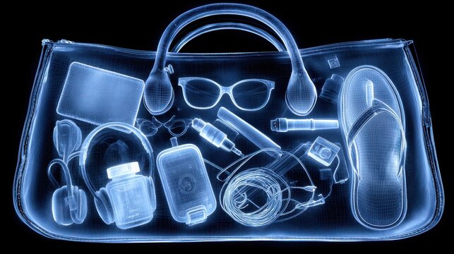 X-ray scan of a transparent handbag filled with everyday essentials and travel accessories