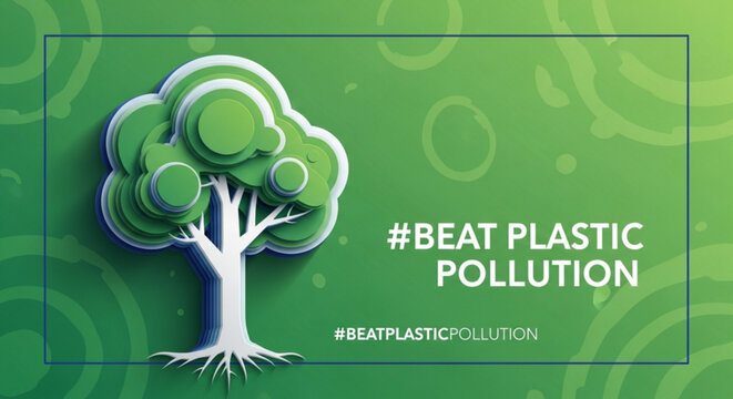 Green tree with white roots and text 'beat plastic pollution' on a green background with a plastic pollution awareness concept