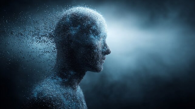 Ethereal human figure dissolving into glowing particles in a dark, atmospheric setting