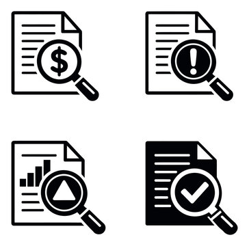 Modern glyph document review icon set featuring financial audit, important alerts, data reports, and document approval for business applications
