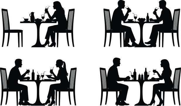 Couple dining silhouettes restaurant people eating together black vector illustration isolated design romantic dinner date food lifestyle concept set
