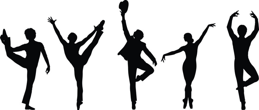 Dancer silhouettes ballet and modern dance poses black vector illustration isolated design artistic performance movement grace collection set
