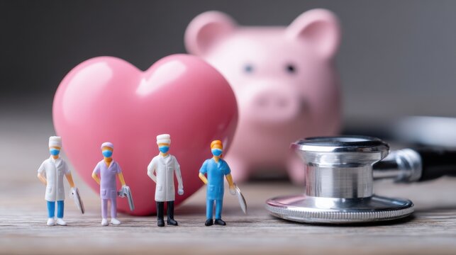 Miniature healthcare professionals standing near a pink heart and piggy bank with a stethoscope, symbolizing medical finance