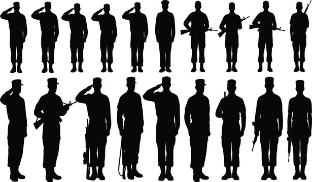 Military soldiers silhouettes collection army personnel salute weapon black vector illustration isolated design defense forces uniform standing set