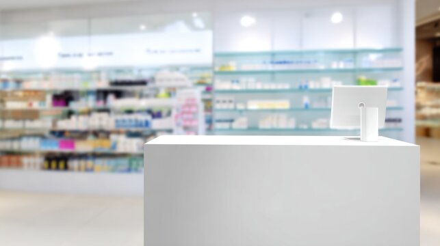 Modern Pharmacy Counter with Shelves of Medications and Health Products in Background