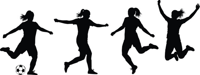 Women soccer player silhouettes football action poses black vector illustration isolated design sport female athlete movement kick jump set © MdTohidul