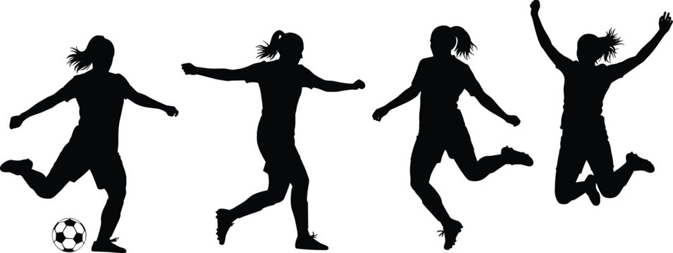 Women soccer player silhouettes football action poses black vector illustration isolated design sport female athlete movement kick jump set