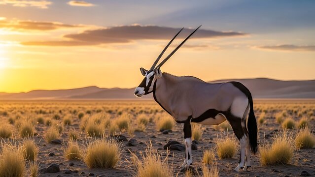 Majestic Gemsbok stands tall against the backdrop of a vibrant sunset.