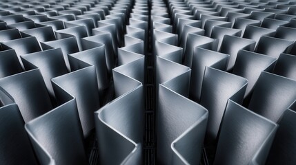 Obraz premium Minimal repeating metal fins pattern creates monochrome industrial geometry with rhythmic vents and angled panels casting sharp shadows, engineered cooling array used in HVAC and electronics