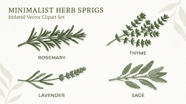 A set of minimalist herb sprigs isolated vector clipart featuring rosemary, thyme, lavender, and sage