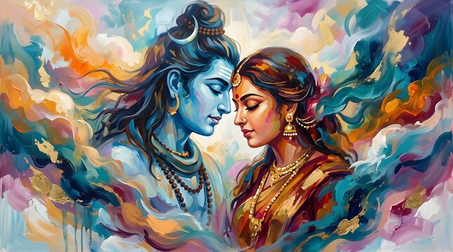 Artistic depiction of Shiva and Parvati in colorful abstract style with spiritual aura, divine love Hindu mythology cultural art illustration, vibrant expression harmony