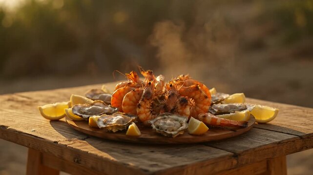 Delicious seafood platter with grilled shrimps, oysters and lemon wedges presented outdoors