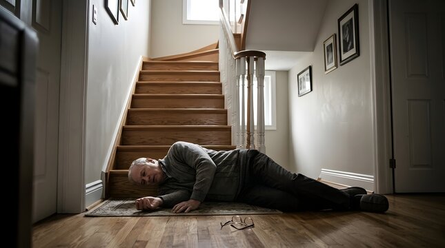 Elderly man fallen on floor near staircase in home interior highlighting accident risk senior safety emergency situation fall injury prevention healthcare awareness domestic environment