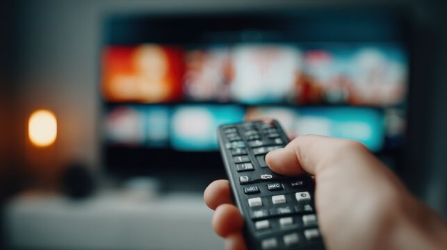 Hand holding remote control, browsing streaming service on blurred television screen