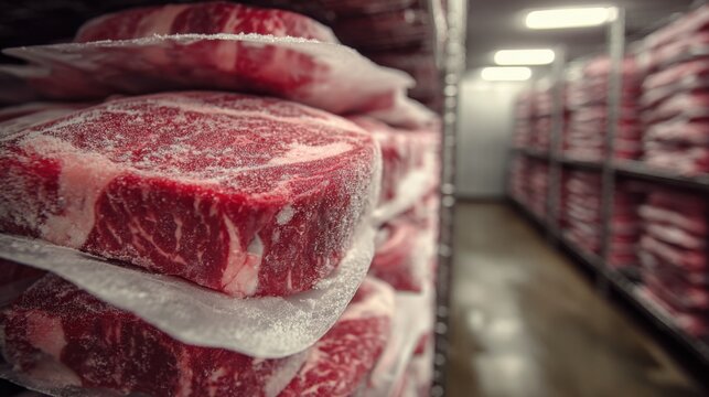 Stacked frozen raw beef steaks in a commercial cold storage freezer ready for distribution