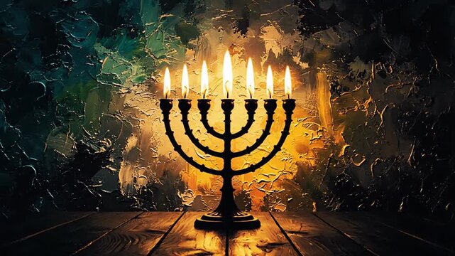 A brightly lit menorah stands alone on a dark surface with flames burning steadily