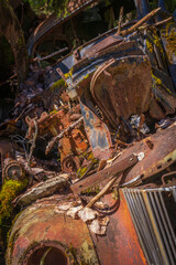 Fototapeta premium Close-up of exposed engine in abandoned vintage car