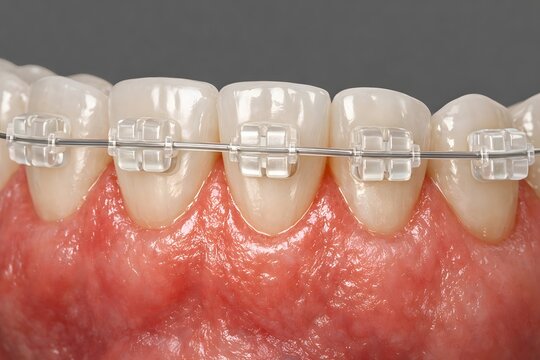Close-up view of teeth with clear orthodontic braces on lower front teeth.