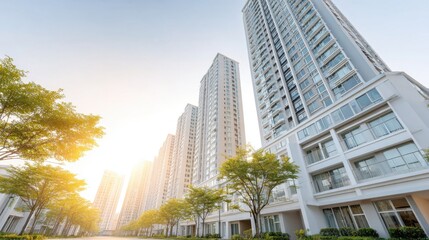 Obraz premium Modern High Rise Apartment Buildings with Lush Greenery and Bright Sunlight During the Day