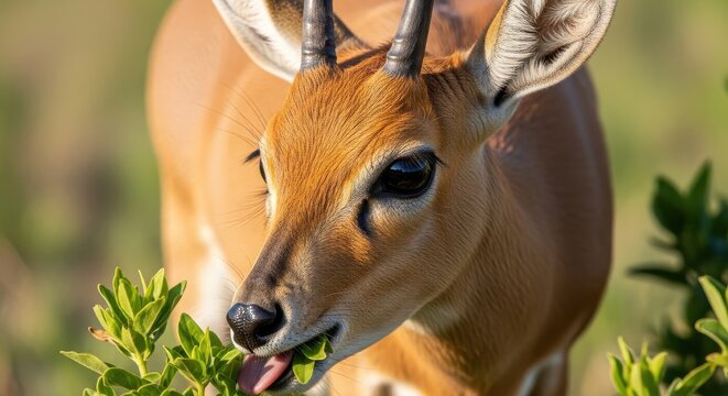 Steenbok Antelope Grazing on Green Foliage in Natural Habitat.