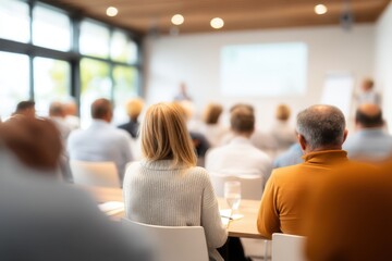 Fototapeta premium Diverse group of professionals attending a seminar presentation in a bright, modern conference room