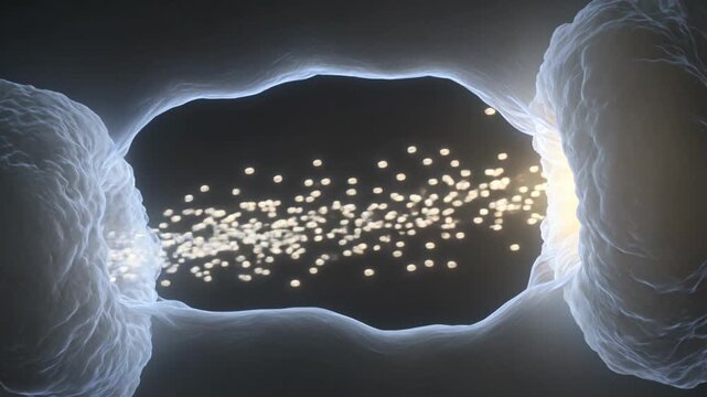 Electric particles flow through a glowing gap between two illuminated orbs in space.