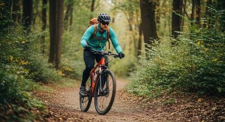Naklejka premium Adventurous cyclist in helmet and backpack riding a mountain bike on a dirt trail through a vibrant autumn forest