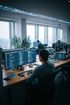 Programmer working on a complex code project on multiple computer screens in a modern office environment