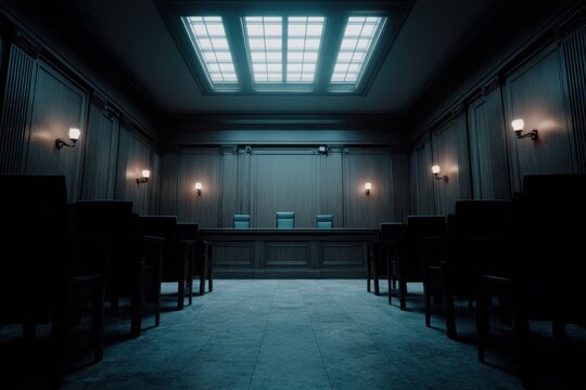 Dramatic Dark Courtroom Interior with Judge's Bench and Empty Seating Under Harsh Lighting