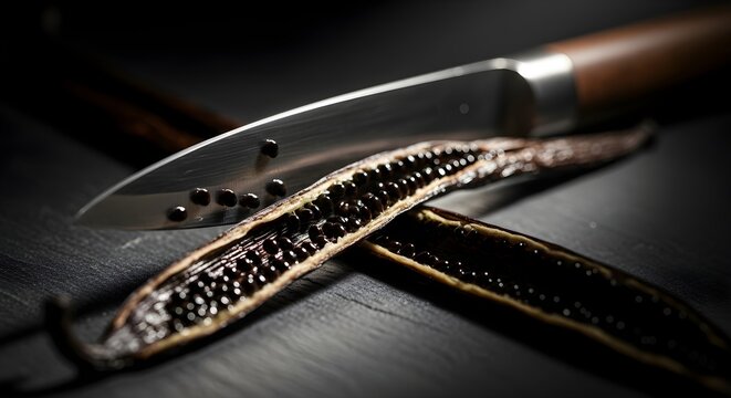 Unveiling the rich essence of cultivated vanilla beans, expertly split with a knife, a cornerstone for sophisticated gastronomy