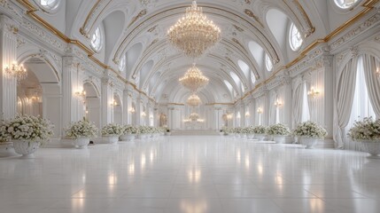 Fototapeta premium Elegant White Ballroom with Chandeliers and Floral Arrangements, Ideal for Luxury Events