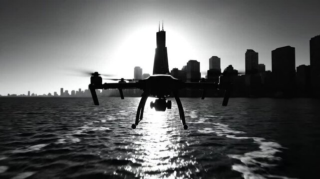 Drone Silhouette Above Water Capturing Majestic Chicago Skyline with Willis Tower in the Center During Bright Day