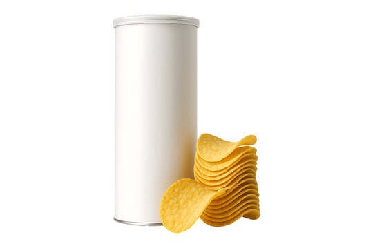 White cylindrical container with scattered potato chips ideal for mockups on transparent background